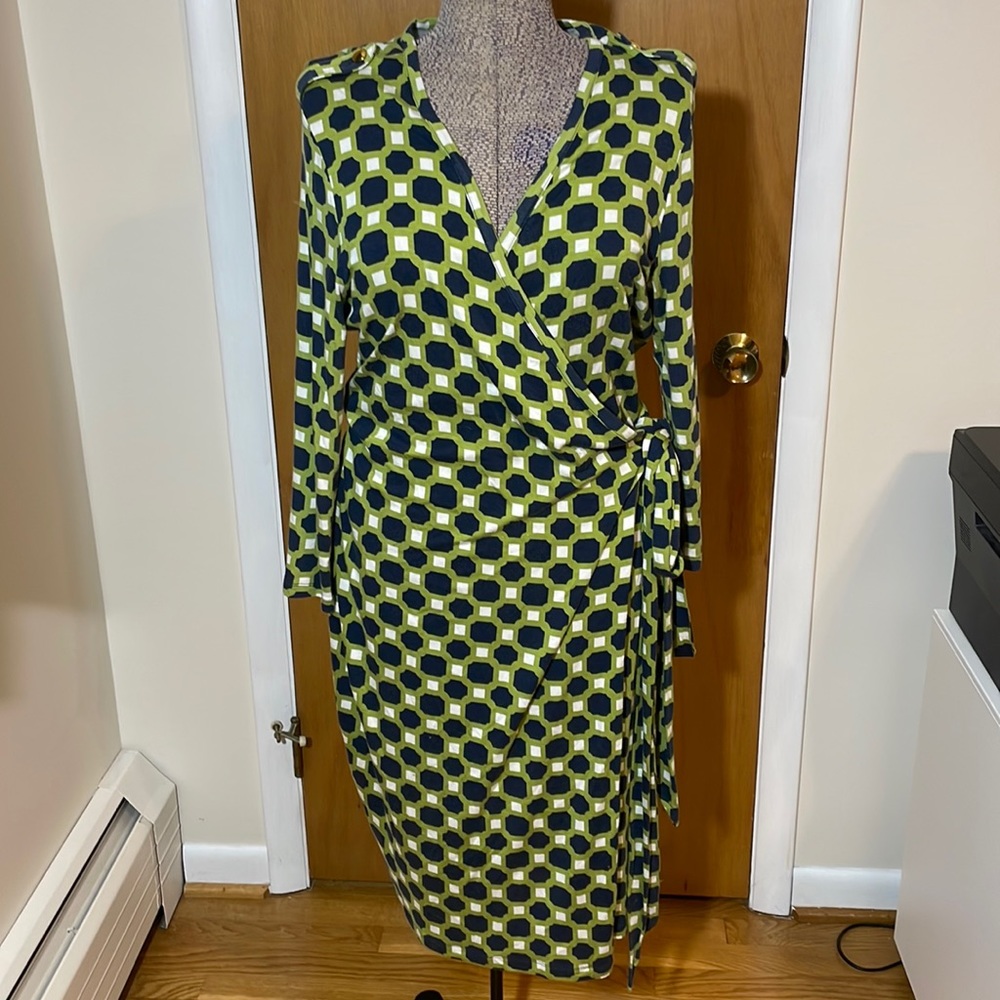 Banana Republic Womens XL Wrap Dress Lime Green Navy White Geometric Pattern